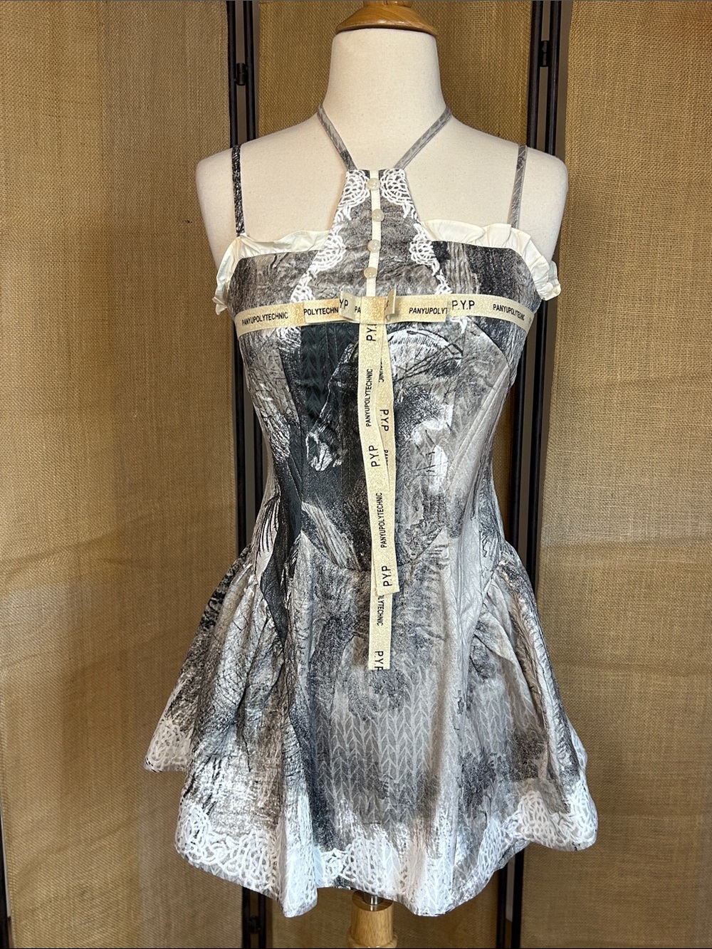 Y2K Grunge Gothic Gray Cream graphic newspaper-style Halter Mini Dress sz Small